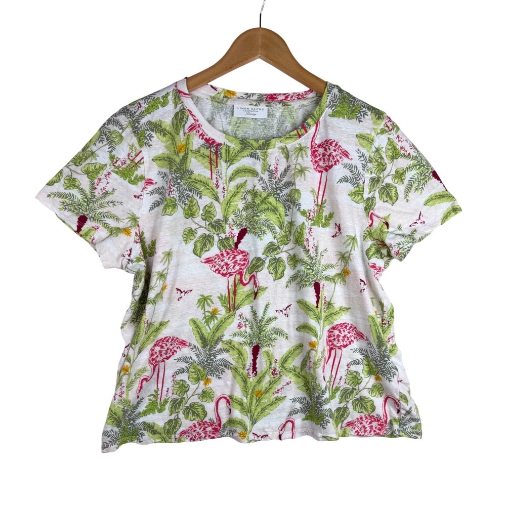 Charter‎ Club Linen Blend Tropical Print Short Sleeve Shirt size XL White/Green